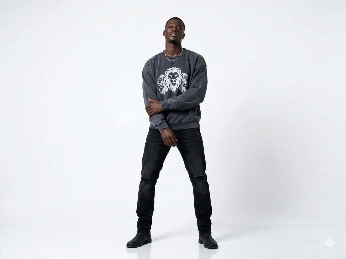 5X Paris 5 Lions Head Unisex Ultra Heavyweight Cotton Crewneck – Vintage Black