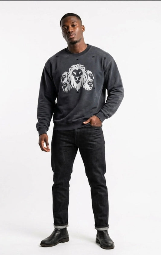 5X Paris 5 Lions Head Unisex Ultra Heavyweight Cotton Crewneck – Vintage Black