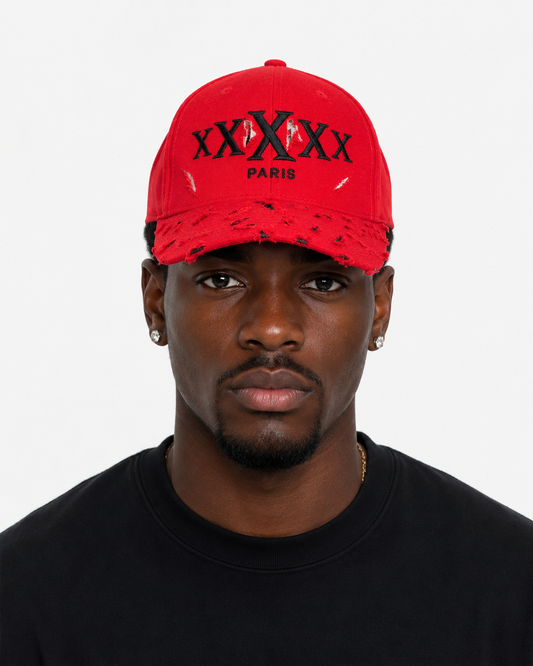 5X Paris Distressed Streetwear Face Cap – Red